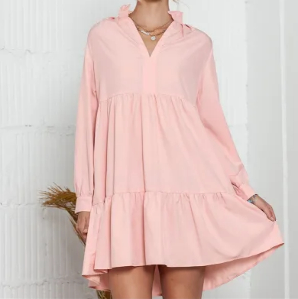Pink Elegant Stand V Neck Short Frill Dress